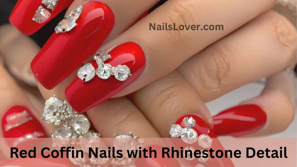 Red Coffin Nails with Rhinestone Detail