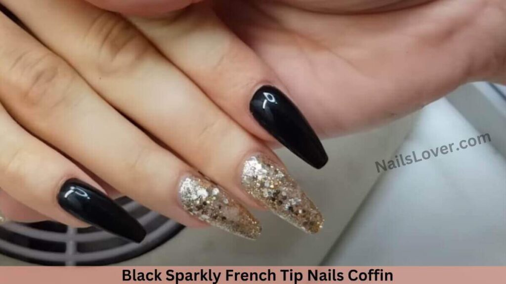 Black Sparkly French Tip Nails Coffin