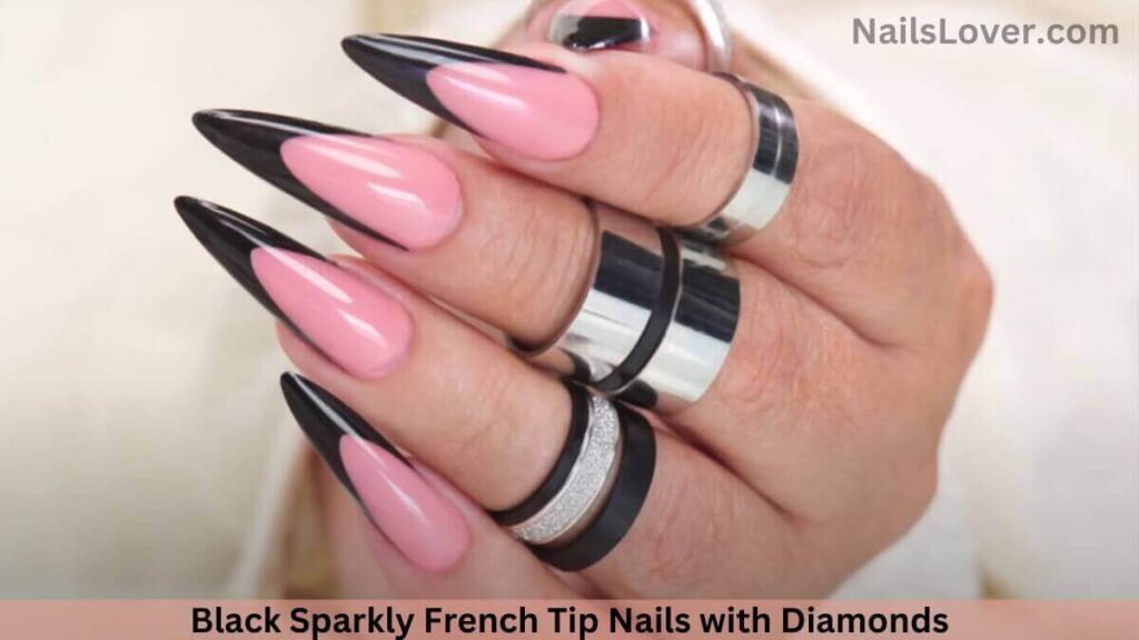 Black Sparkly French Tip Nails with Diamonds