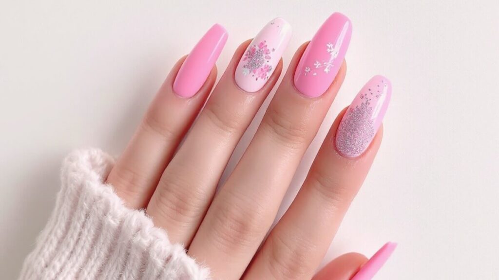 pink acrylic nails inspo with glitter