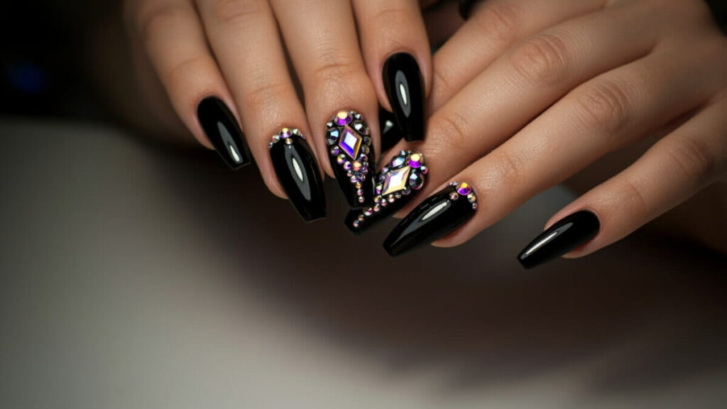 Black Almond Nails with Rhinestones