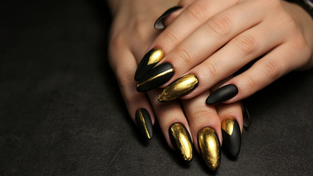 Black and Gold Almond Nails