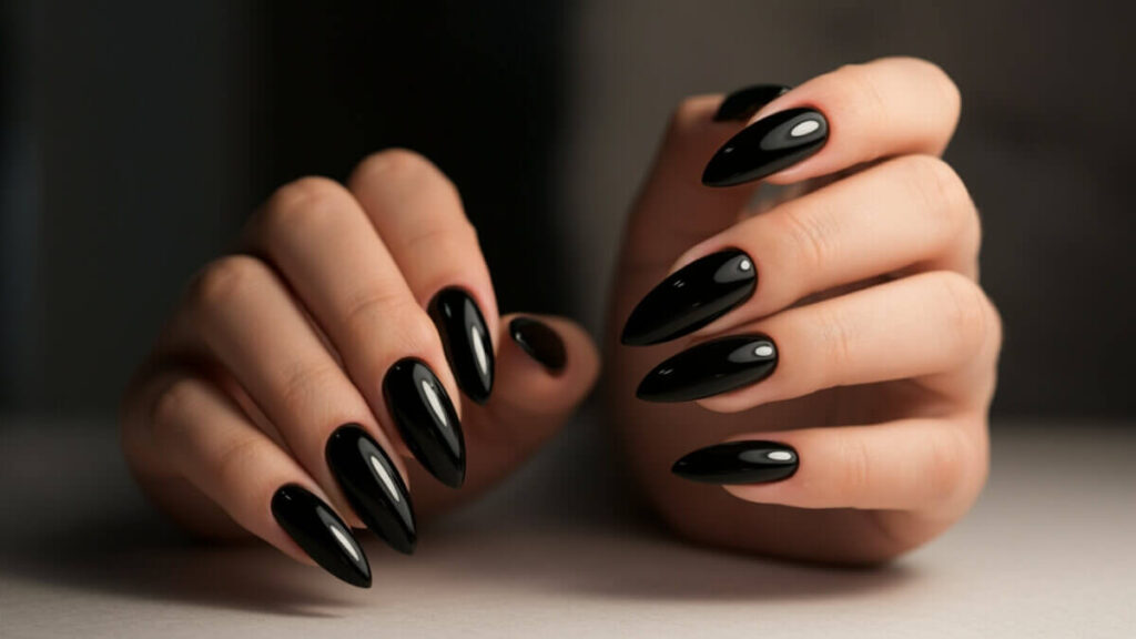 Glossy Black Almond Nails