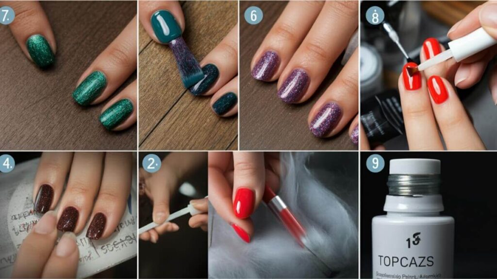 Step by step images showing the application process, including base coat, thin layers, and topcoat
