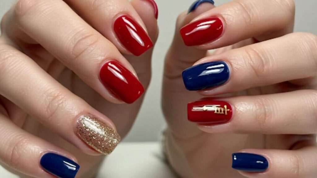Classic red or navy blue classy graduation nails, exuding boldness and confidence for your special day