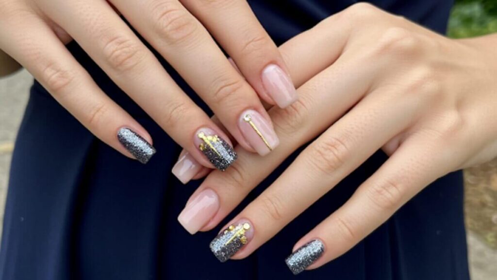 Classy graduation nails perfectly matching a stylish graduation outfit for a polished look