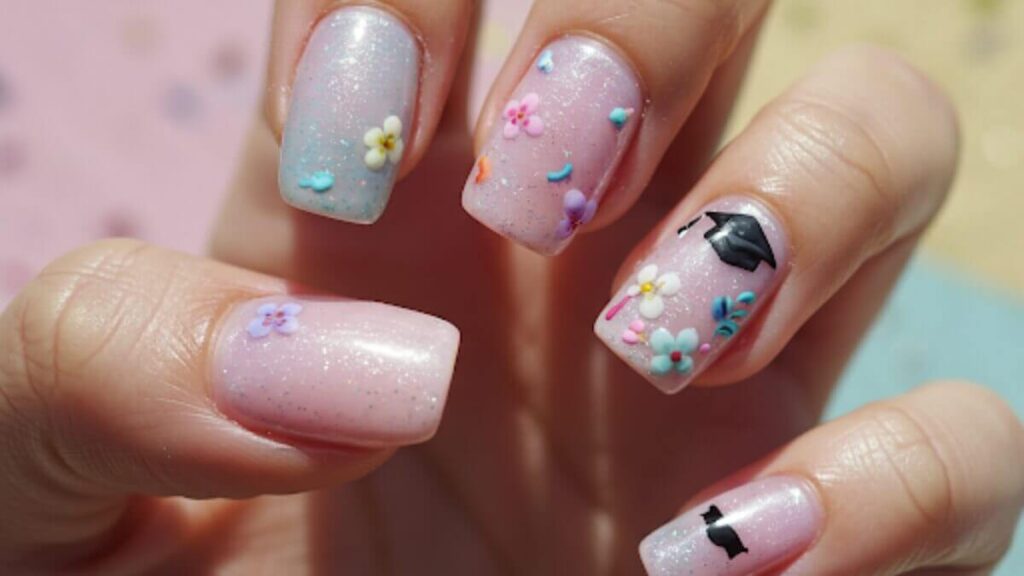 Soft pastel classy graduation nails with a gentle and fun design, perfect for celebrating your big day in style