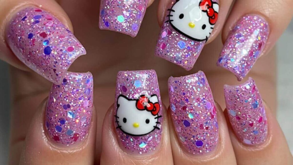 Glittery Hello Kitty Sparkle nails